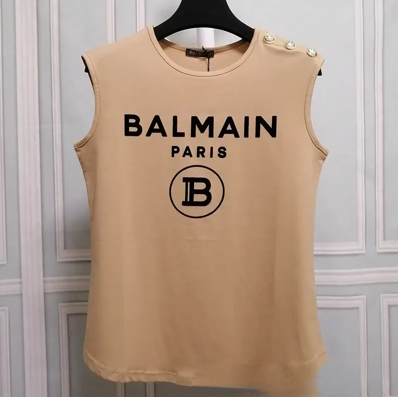 T Shirt Balmain Summer Flocking Letter Vest Sleeveless Cotton Base T-shirt