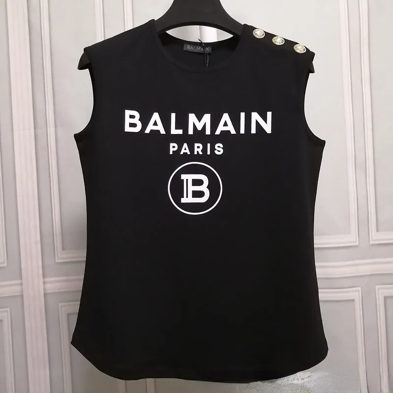 T Shirt Balmain Summer Flocking Letter Vest Sleeveless Cotton Base T-shirt