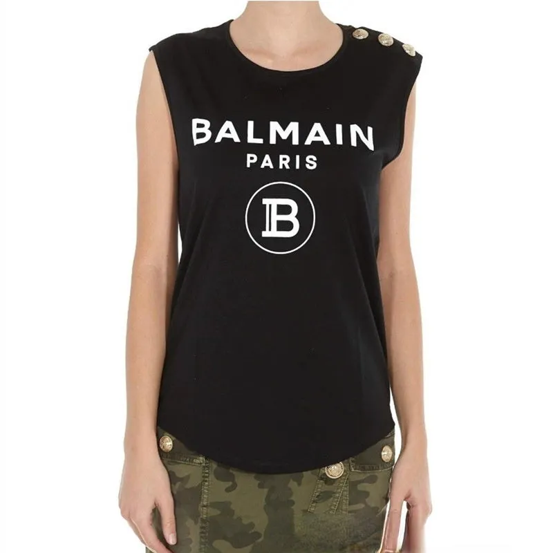 T Shirt Balmain Summer Flocking Letter Vest Sleeveless Cotton Base T-shirt