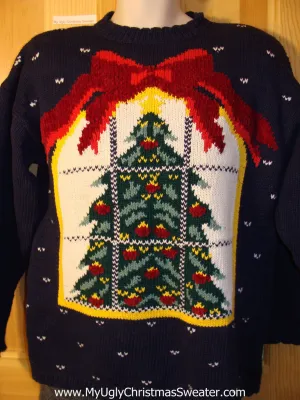 Tacky 80s Ugly Christmas Sweater with Padded Shoulders, Giant Bow, and Tree (f590)