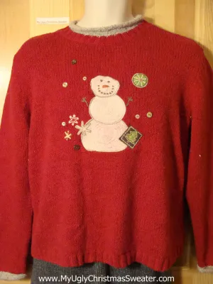 Tacky Cheap Ugly Christmas Sweater with Snowman and Festive Decorations  (f685)