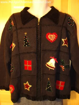 Tacky Cheap Ugly Christmas Sweater with Zipper Front and Bling Bead Accents on Festive Holiday Designs (f515)