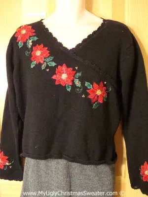 Tacky Holiday Sweater with Bright Red Poinsettias on Front and Sleeves (f1057)