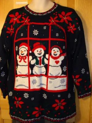 Tacky Ugly Christmas Sweater 80s Acrlic 2sided Decoration with Snowflakes and Three Happy Carrot Nosed Snowmen (f427)