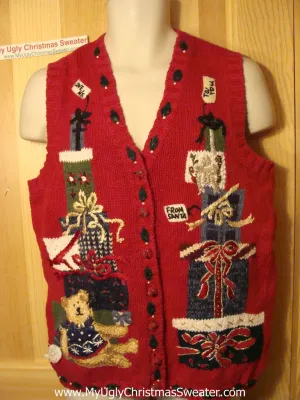 Tacky Ugly Christmas Sweater Vest with Mountains of Gifts and a Tired Bear "To You" "Love Me" "Love Santa" (f133)