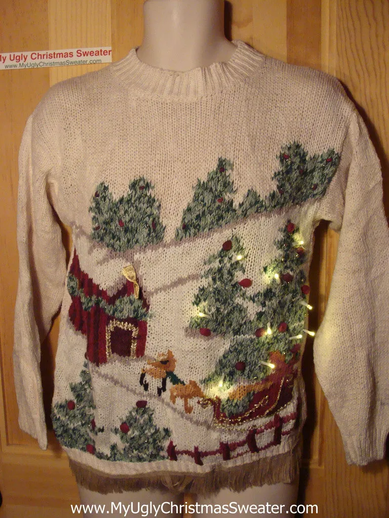 Tacky Ugly Christmas Sweater Winter Wonderland 80s Style with Lights and Fringe (g69)