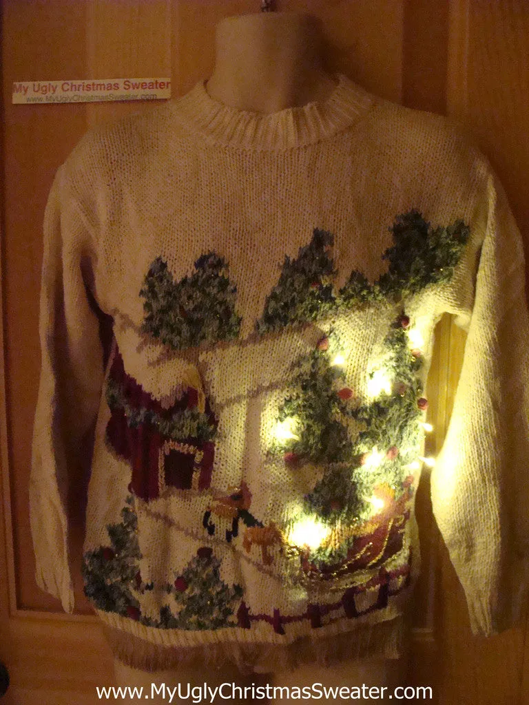 Tacky Ugly Christmas Sweater Winter Wonderland 80s Style with Lights and Fringe (g69)