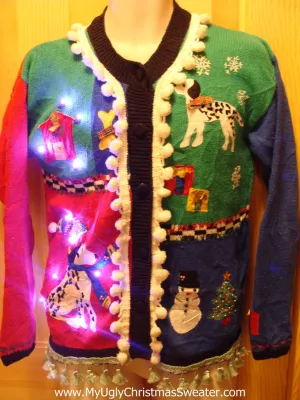 Tacky Ugly Christmas Sweater with Lights and Fringe. Dogs and a Dog House. (g26)