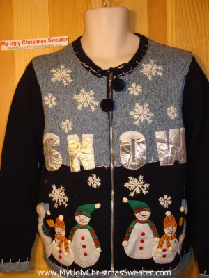 Tacky Ugly Christmas Sweater with SNOW and Family of Snowmen (f125)