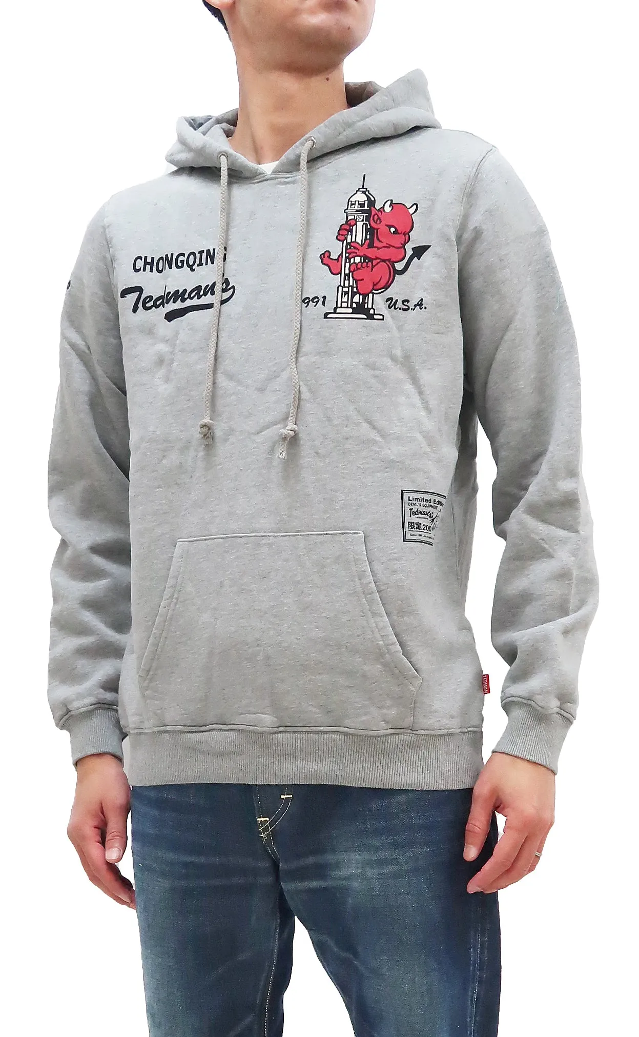 Tedman Pullover Hoodie Men's Lucky Devil Graphic Printed Hooded Sweatshirt TDSP-152 Ash-Gray