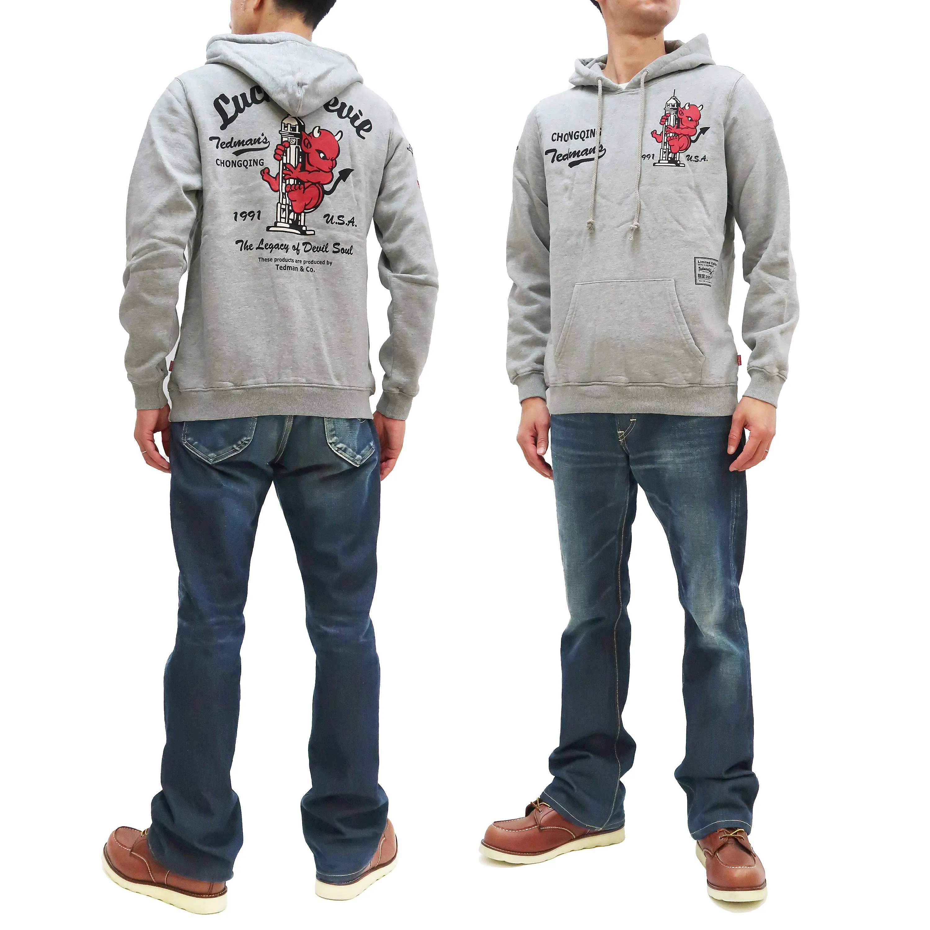 Tedman Pullover Hoodie Men's Lucky Devil Graphic Printed Hooded Sweatshirt TDSP-152 Ash-Gray