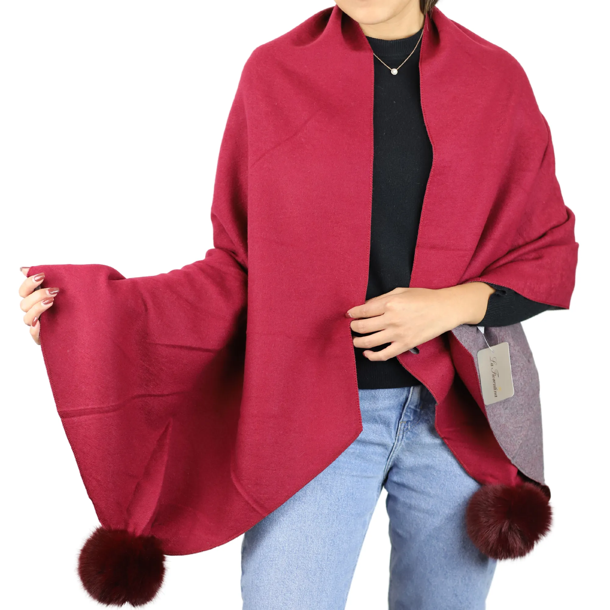 Two Tone Scarf with Faux Fur Poms in Wine