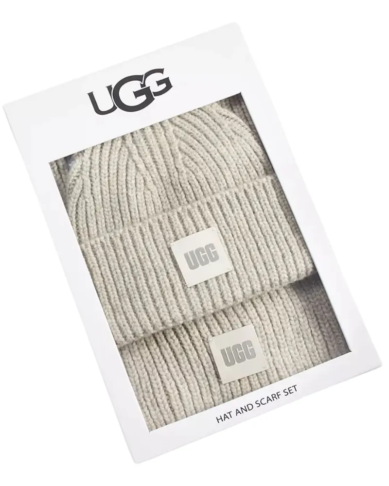 UGG Light Grey Chunky Knit Rib Scarf and Beanie Set