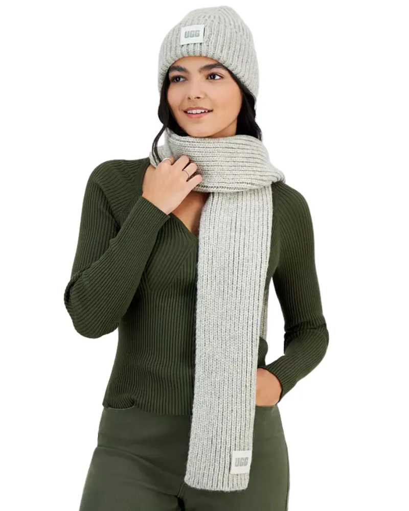 UGG Light Grey Chunky Knit Rib Scarf and Beanie Set