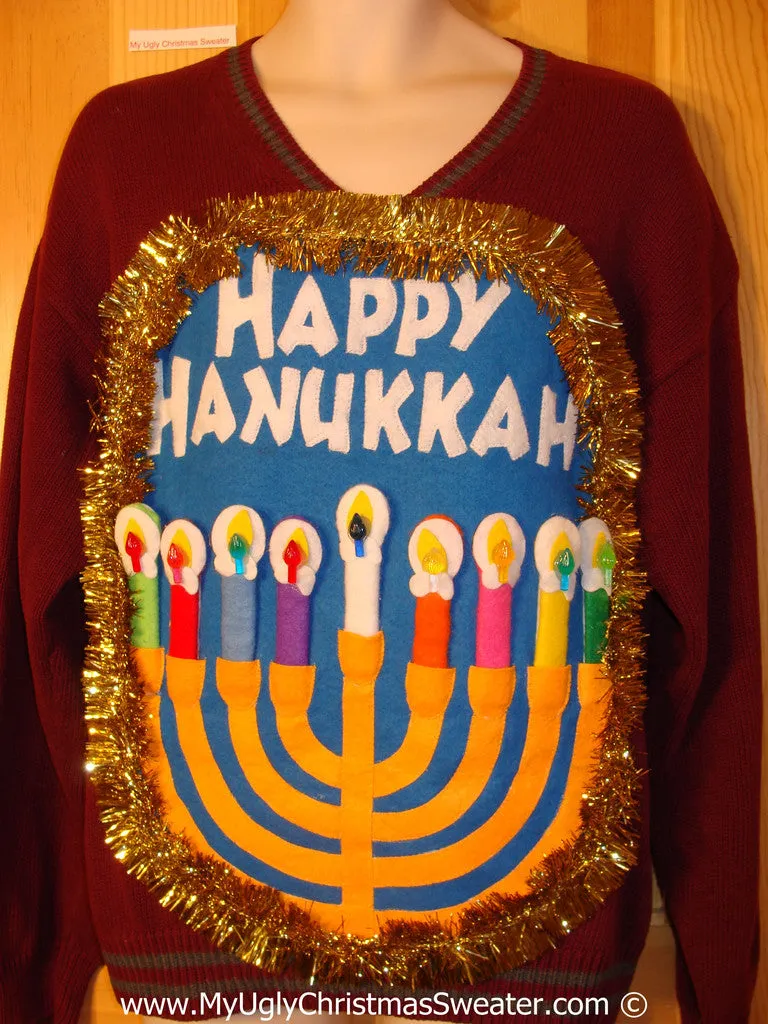 Ugly Christmas Sweater Party Hanukkah Sweater Mens with Menorah (j261)