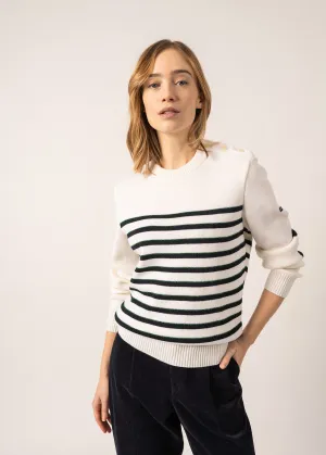 Verdon Striped Sailor-inspired Jumper - with square elbow patches, in wool (BLANC/NAVY/VERT)