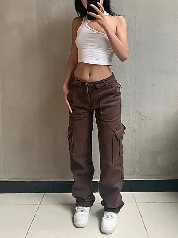 Women’s Fashion Pocket Panel Casual Loose Mid Waist Cargo Pants