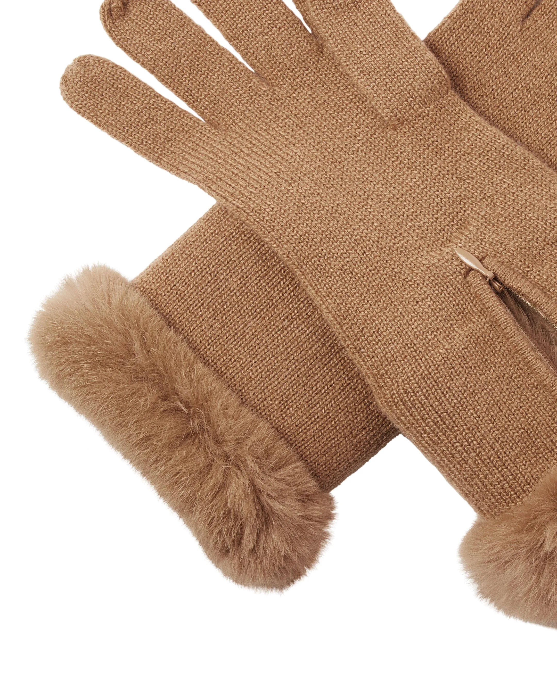 Women's Fur Trim Cashmere Gloves Dark Camel Brown