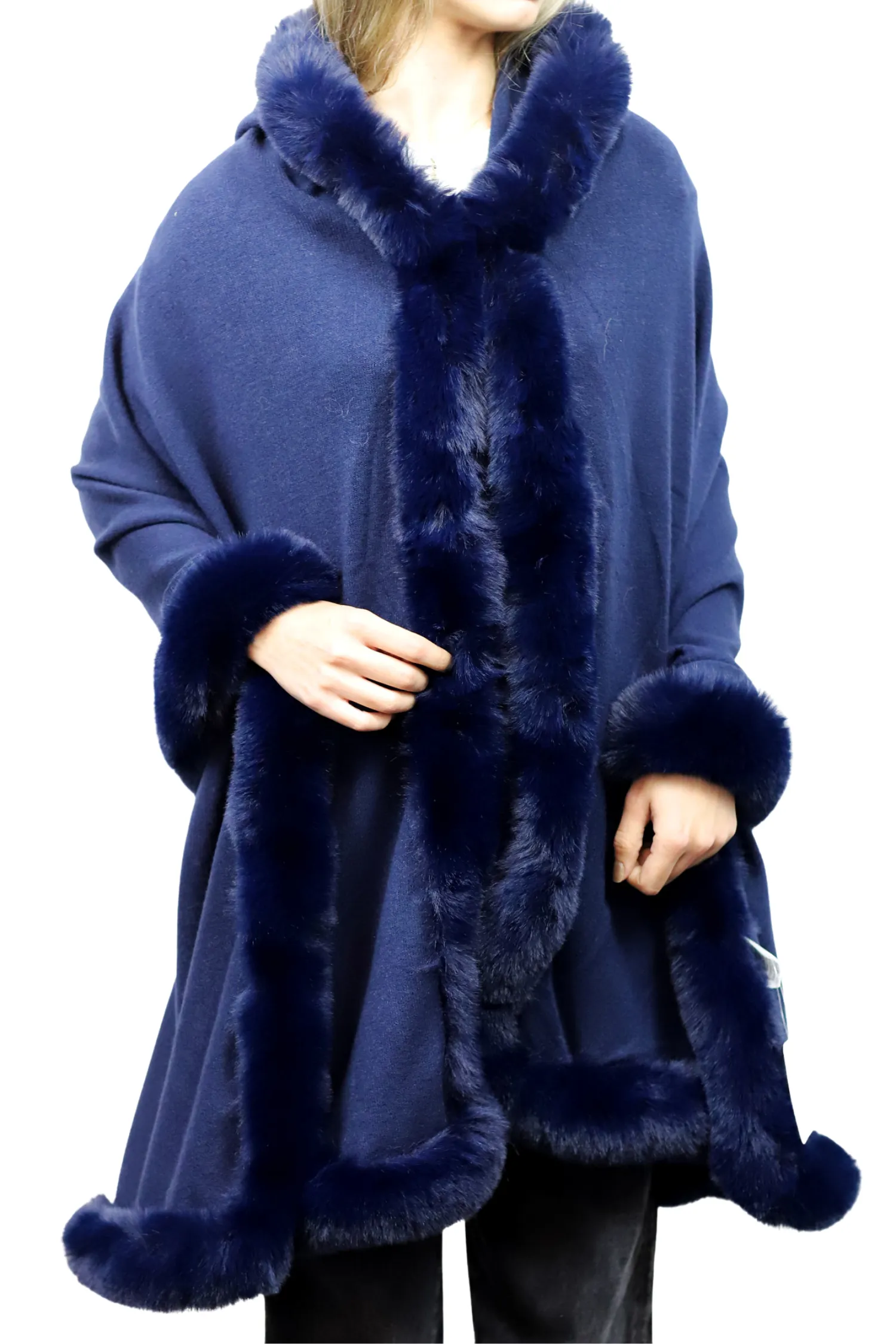 Wrap with Hood & Faux Fur Trim - Navy