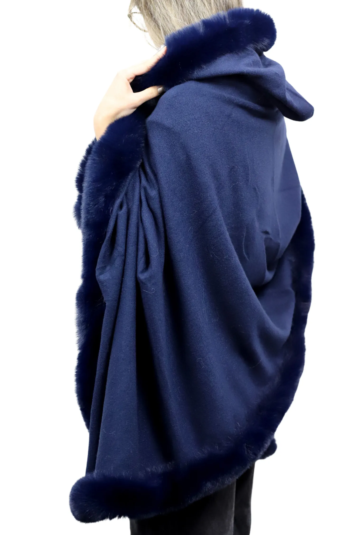 Wrap with Hood & Faux Fur Trim - Navy