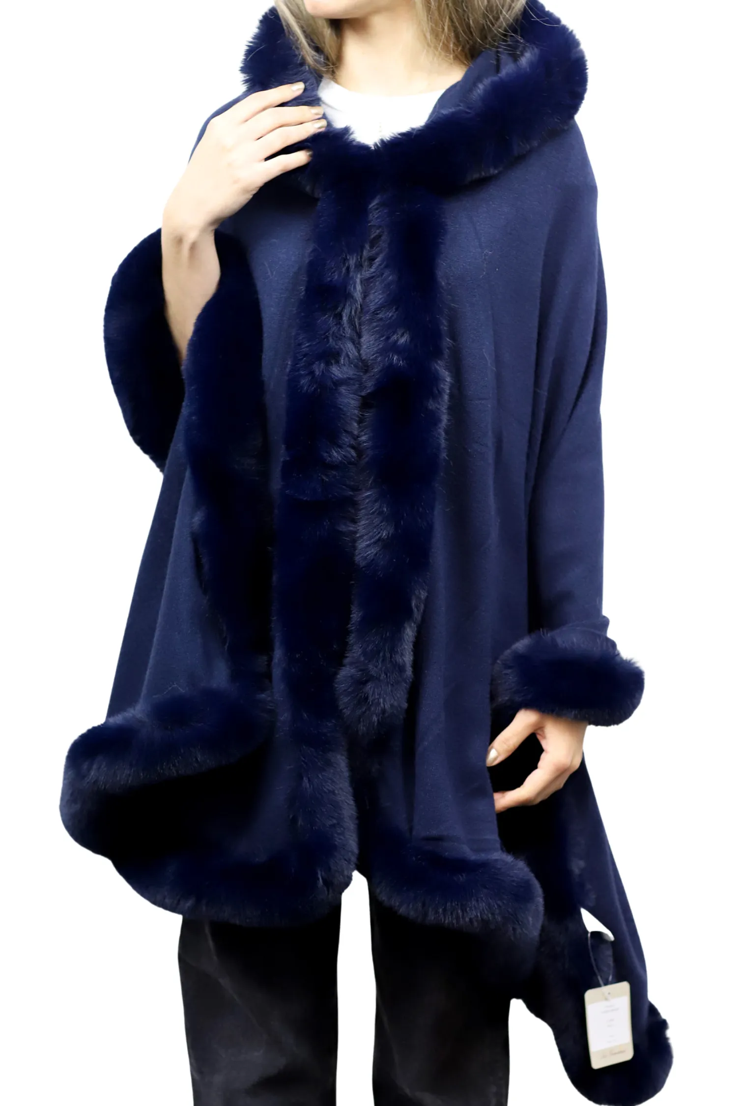 Wrap with Hood & Faux Fur Trim - Navy